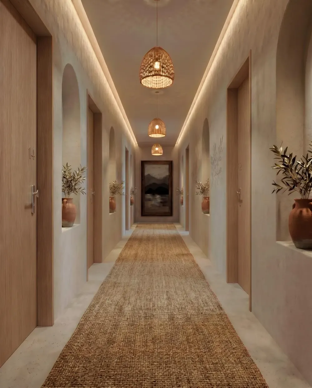 Imagen de proyecto del Hotel Nomad Alicante: pasillo con hornacinas, tinajas con olivo y lámparas de fibra