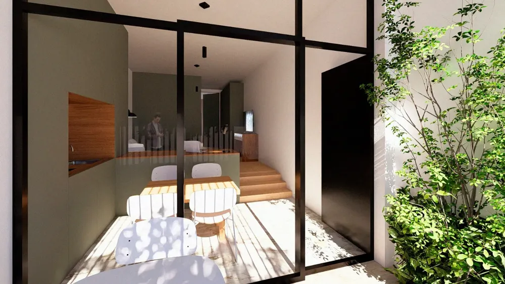 Imagen de proyecto de un apartamento en Sevilla: salón comedor abierto a un patio con plantas